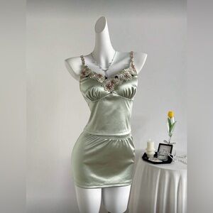 Satin Lace-Trim Chemise in Sage Green